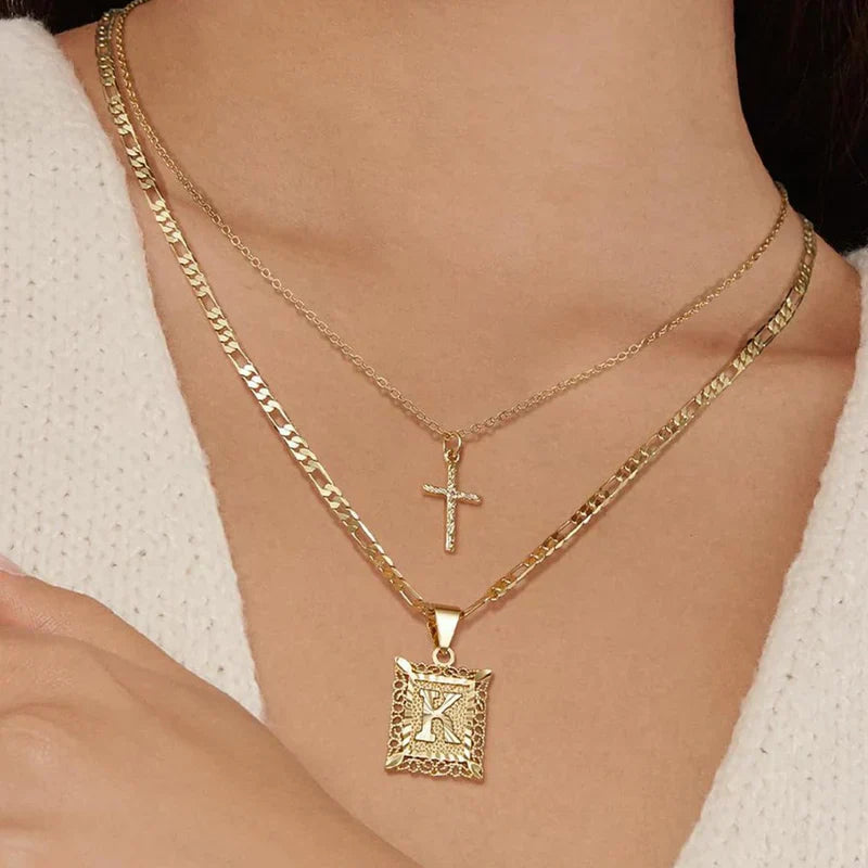 Necklace set with cross and initial | Gold