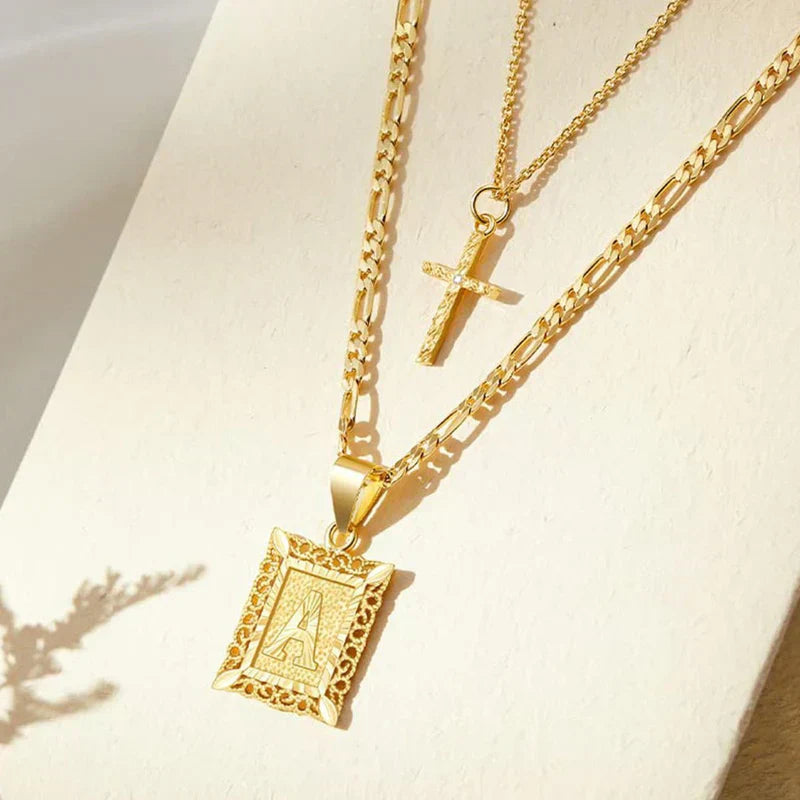 Necklace set with cross and initial | Gold