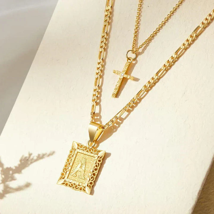 Necklace set with cross and initial | Gold