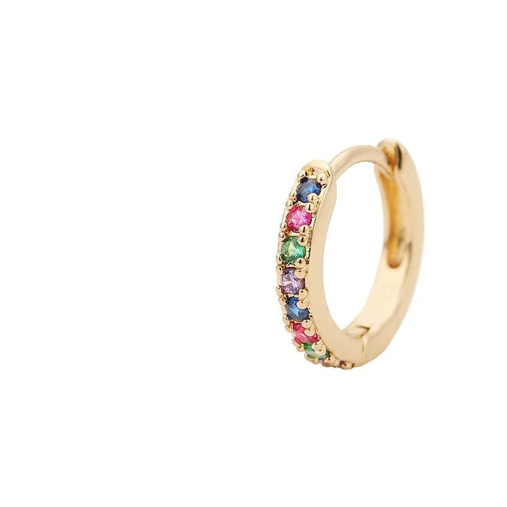 Hoops with multicolored zirconia in 14-karat gold-plated copper in 7mm and 9mm.