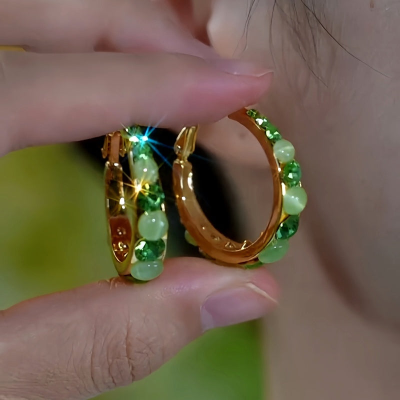 14K Gold-Plated Elegant Diamond Cat's Eye Stone Hoop Earrings