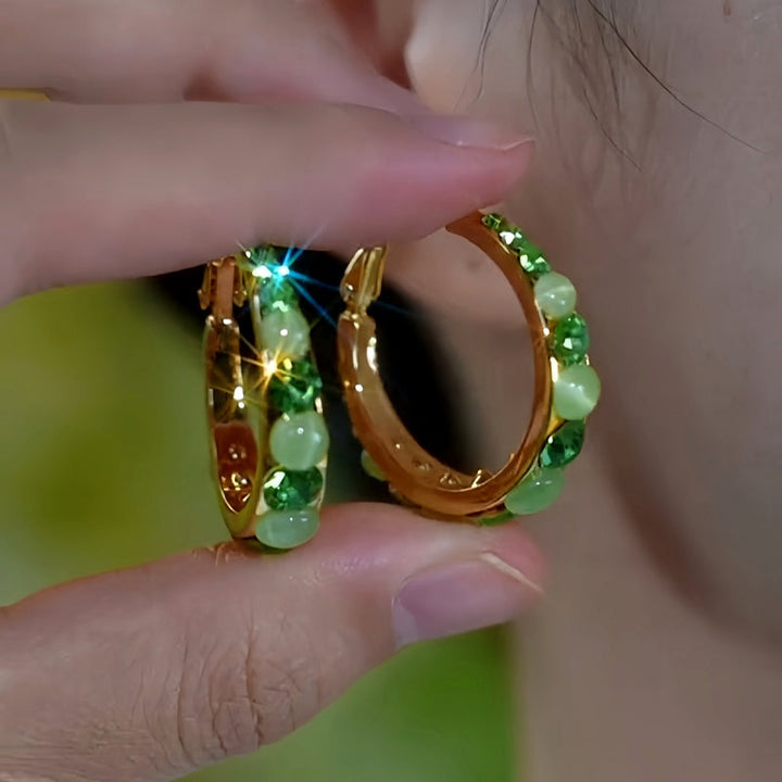 14K Gold-Plated Elegant Diamond Cat's Eye Stone Hoop Earrings