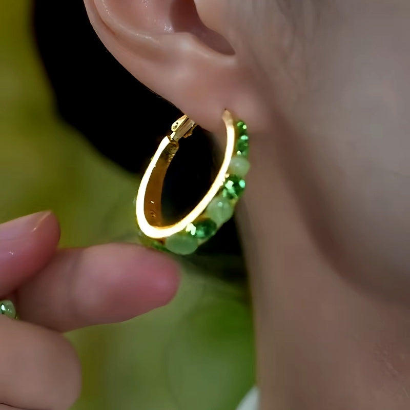 14K Gold-Plated Elegant Diamond Cat's Eye Stone Hoop Earrings