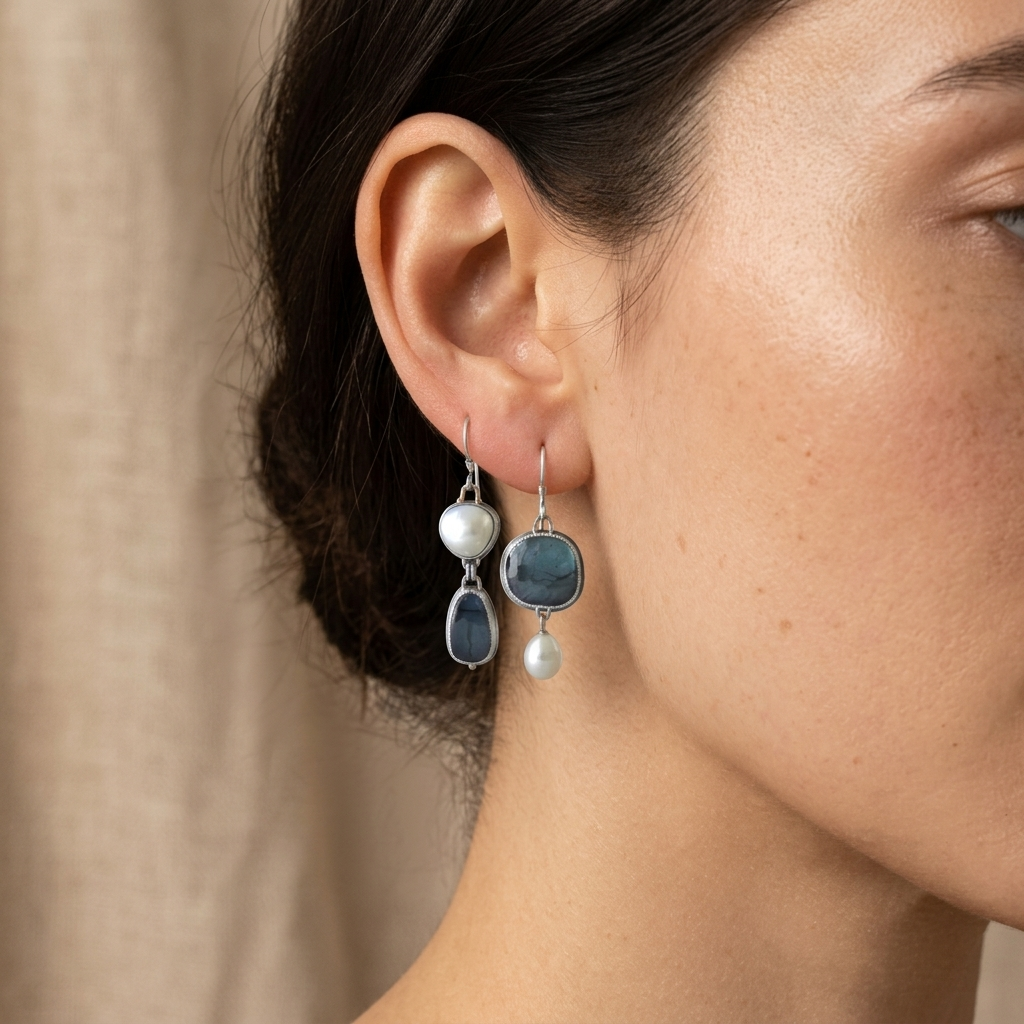 Vintage Blue Stone Pearl Earrings