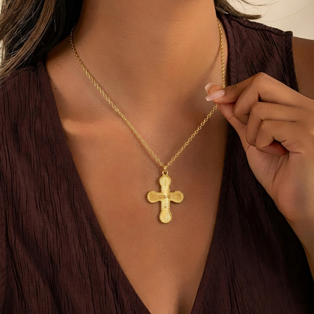 18k Sunburst Cross Necklace