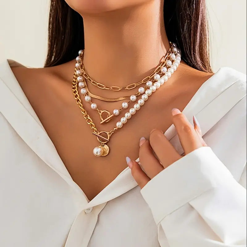 Vintage necklace with pearls and gold snake chain – set