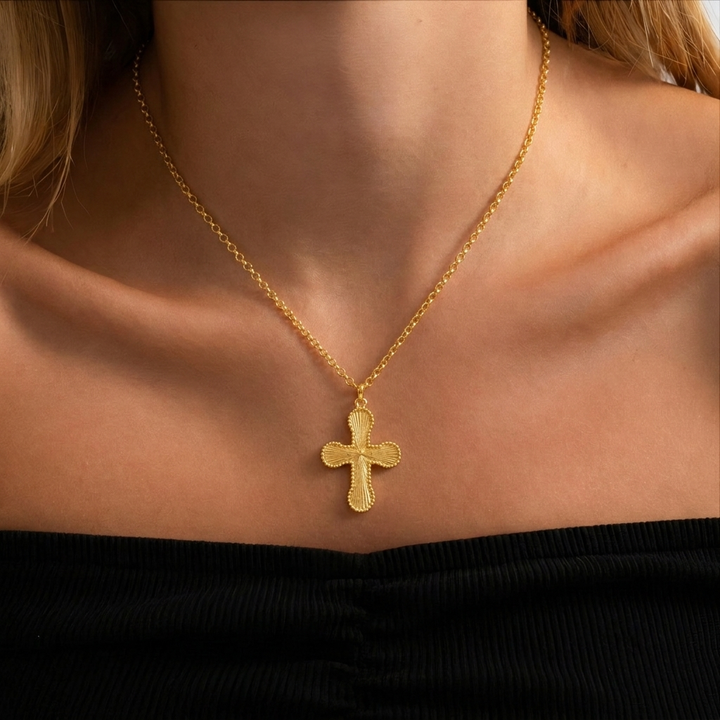 18k Sunburst Cross Necklace