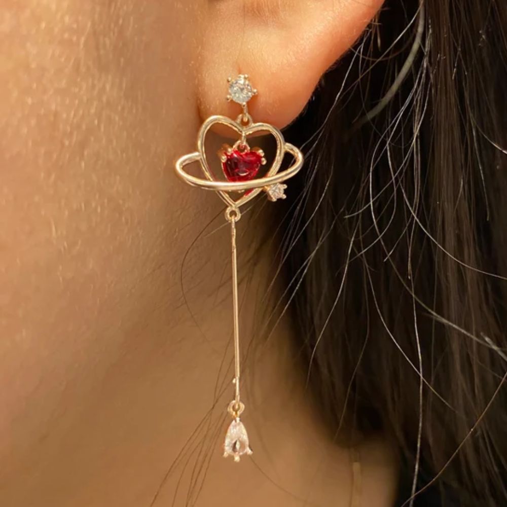 RED HEART THREADER EARRINGS (PAIR)
