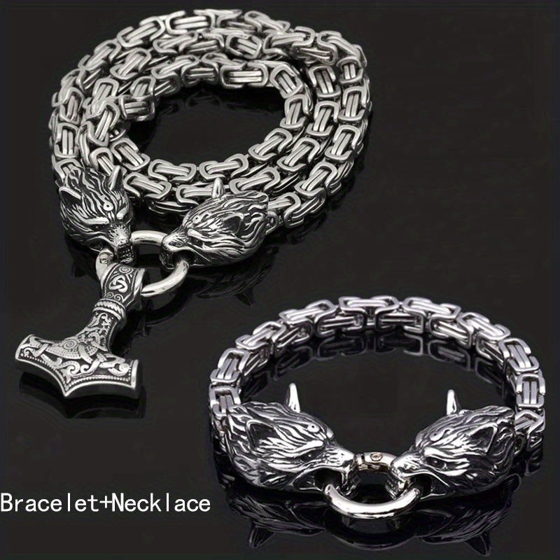 Vintage Viking Mjolnir With Wolves Necklace & Bracelet