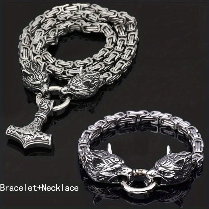 Vintage Viking Mjolnir With Wolves Necklace & Bracelet