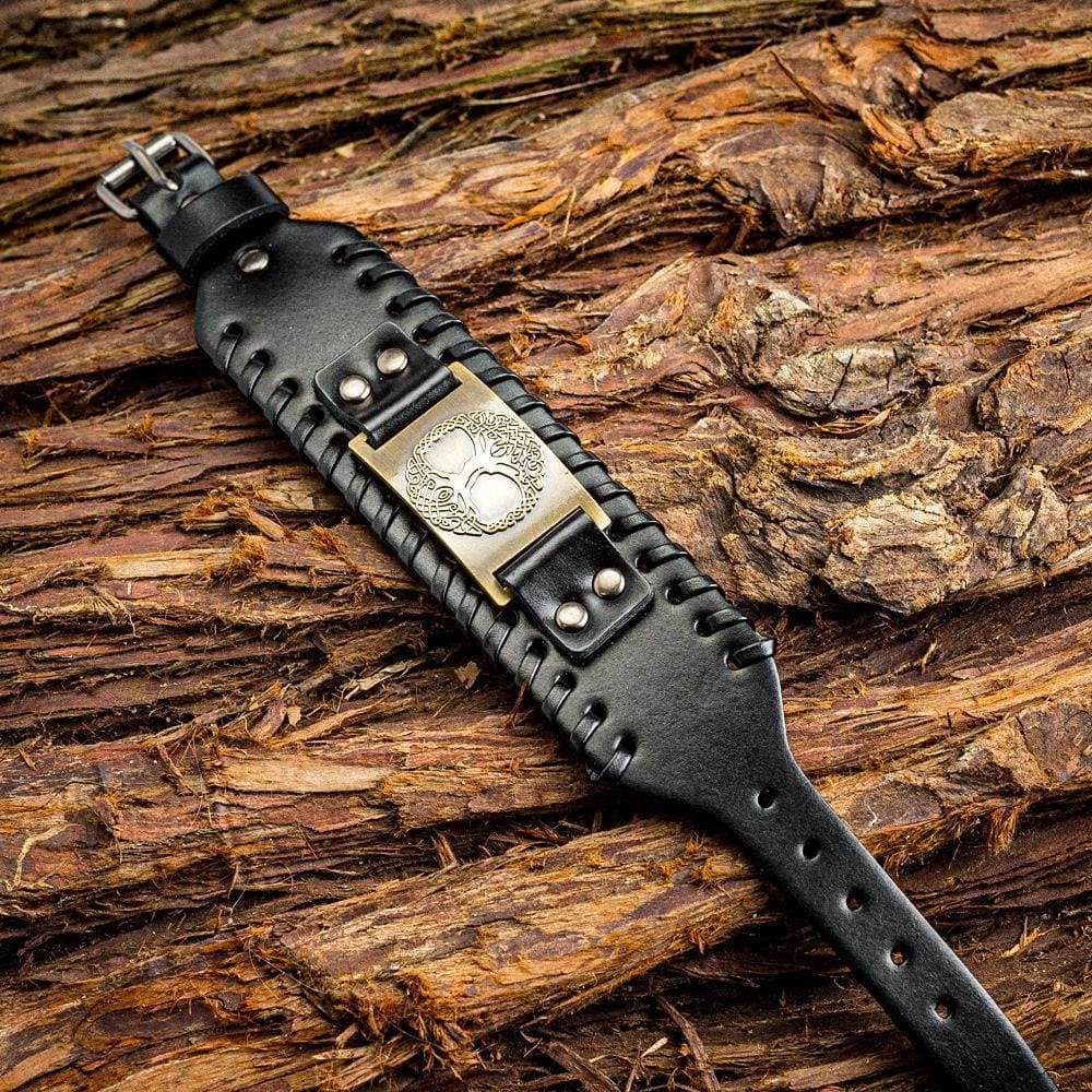 Genuine Leather Buckle Arm Cuff Yggdrasil Metal Bracelet