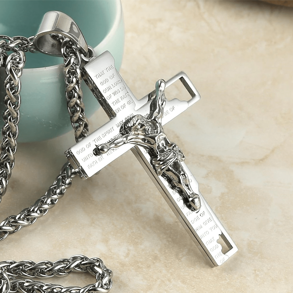 Christianartworkshop Stainless Steel Crucifix Bible Prayer Pendant Necklace Chain