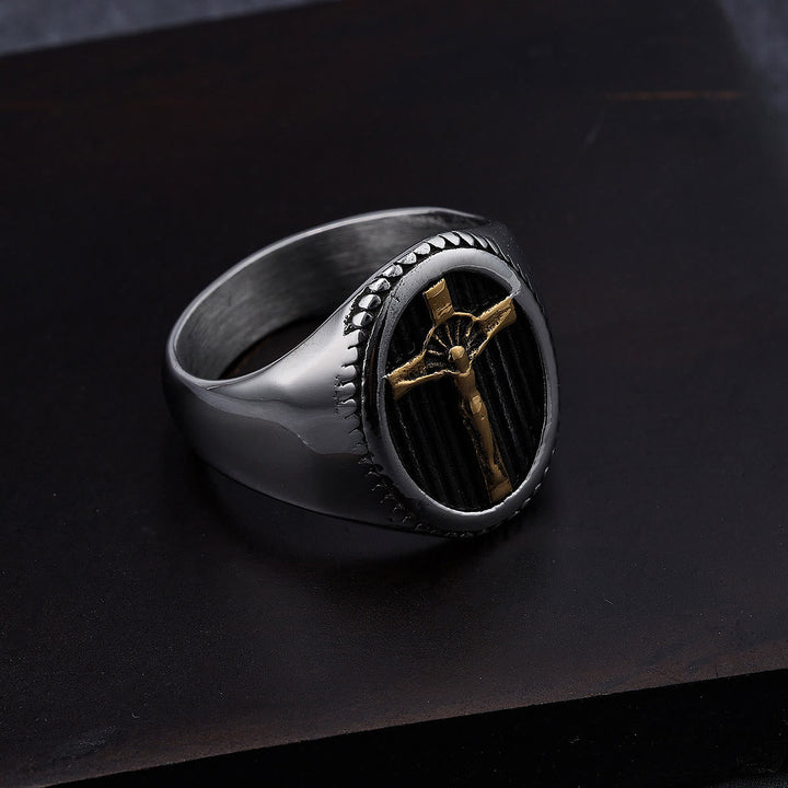 Christianartworkshop Retro Style Simple Crucifix Protection & Strength Titanium Ring