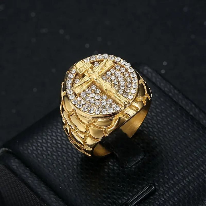 Christianartworkshop Adorn Your Faith: The Divine Golden Pattern Gemstones Crucifix Ring