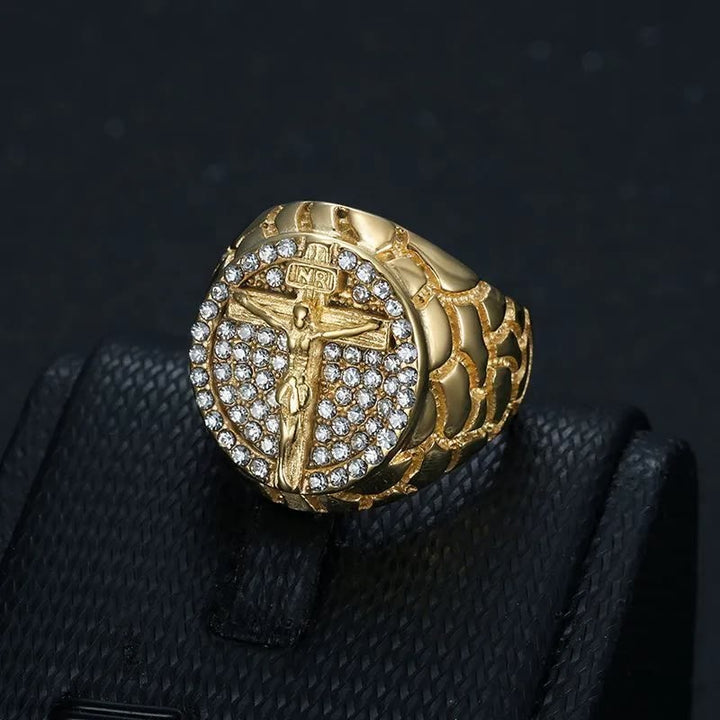 Christianartworkshop Adorn Your Faith: The Divine Golden Pattern Gemstones Crucifix Ring