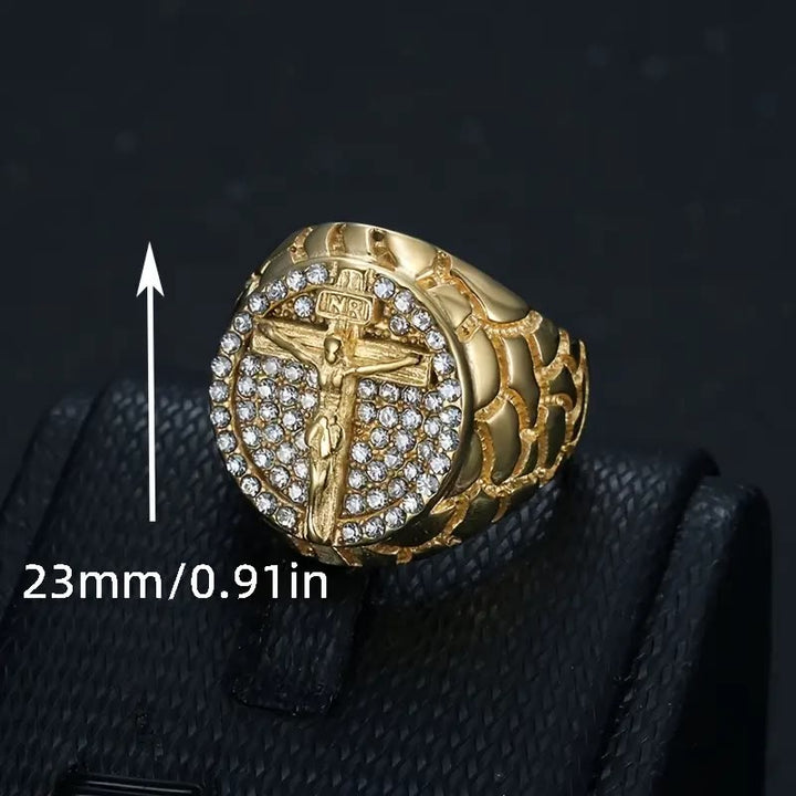 Christianartworkshop Adorn Your Faith: The Divine Golden Pattern Gemstones Crucifix Ring