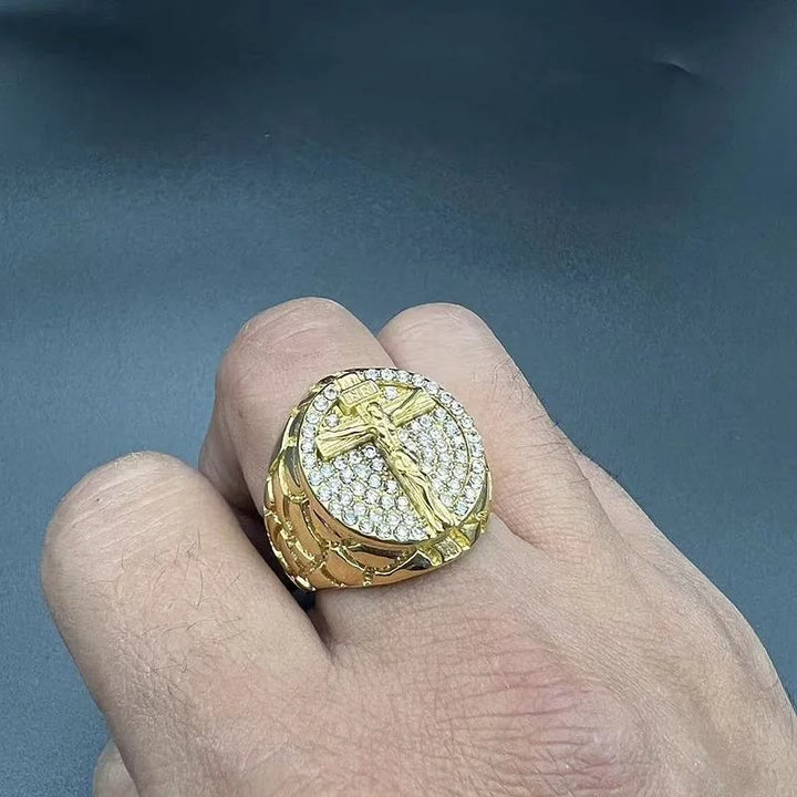 Christianartworkshop Adorn Your Faith: The Divine Golden Pattern Gemstones Crucifix Ring