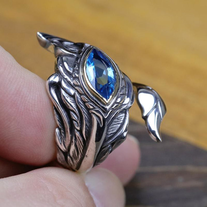 Mystic Foxfire Wing Blue Topaz Feather Ring