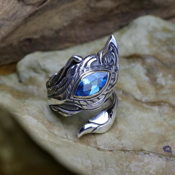 Mystic Foxfire Wing Blue Topaz Feather Ring