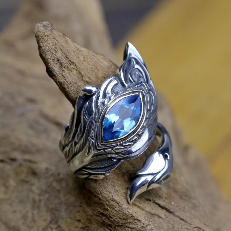 Mystic Foxfire Wing Blue Topaz Feather Ring