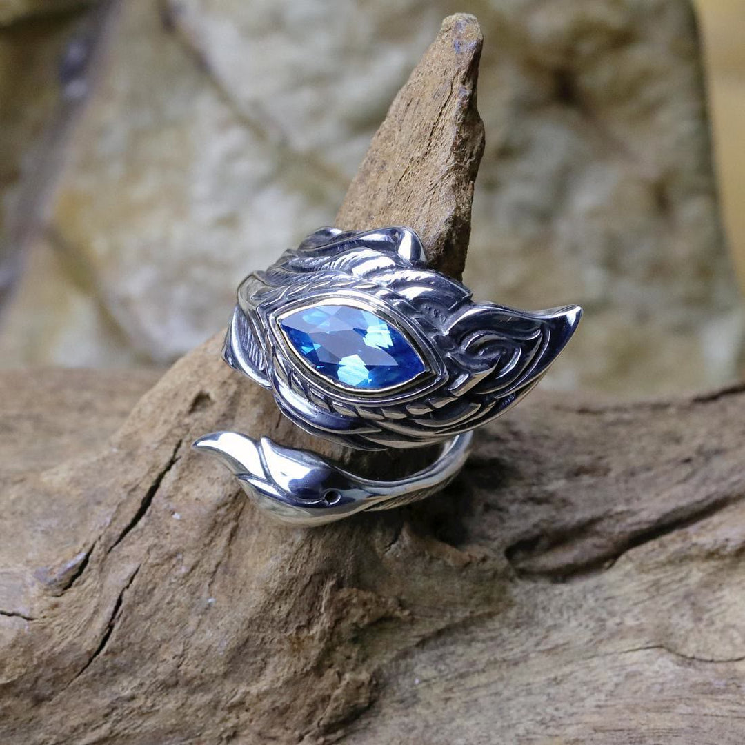Mystic Foxfire Wing Blue Topaz Feather Ring