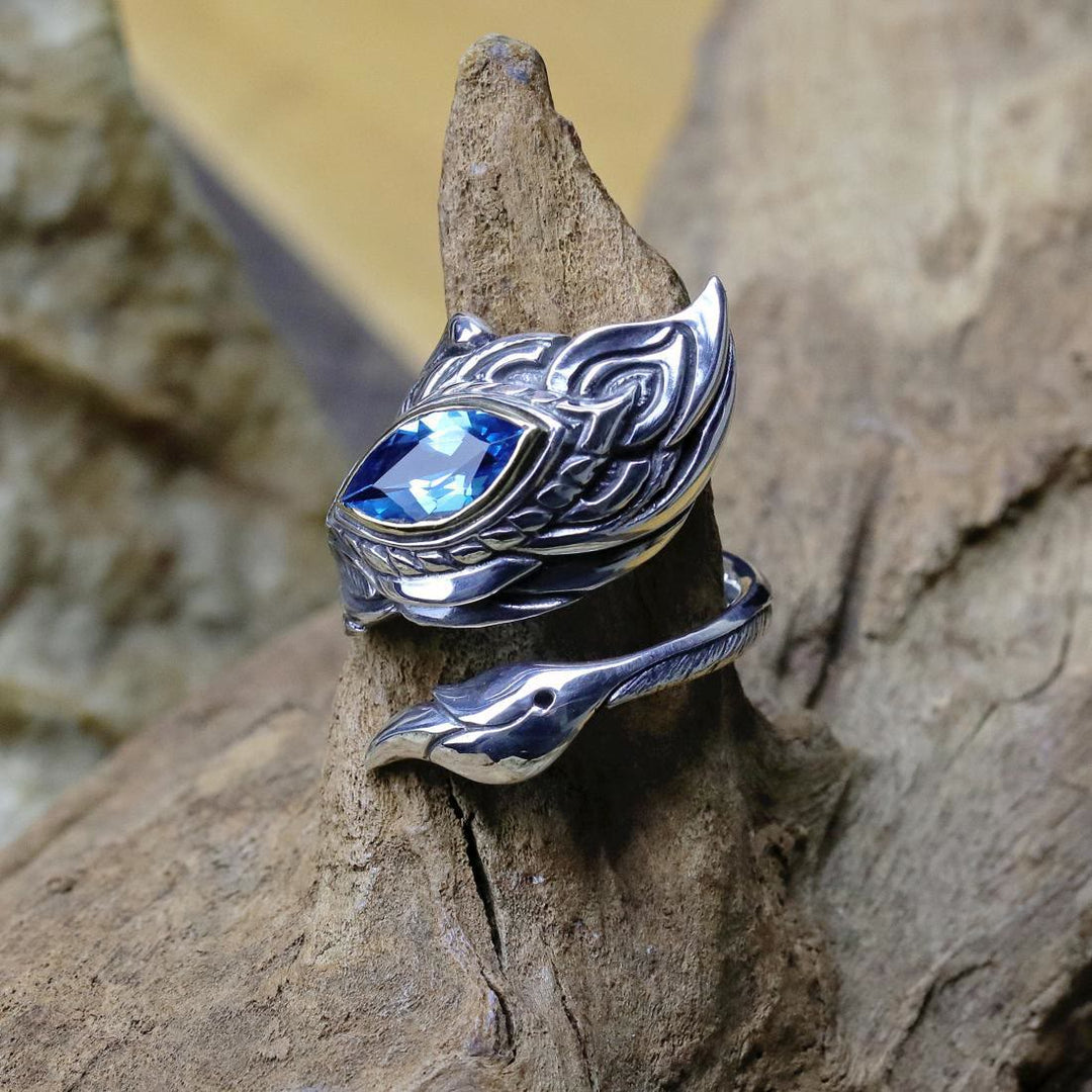 Mystic Foxfire Wing Blue Topaz Feather Ring