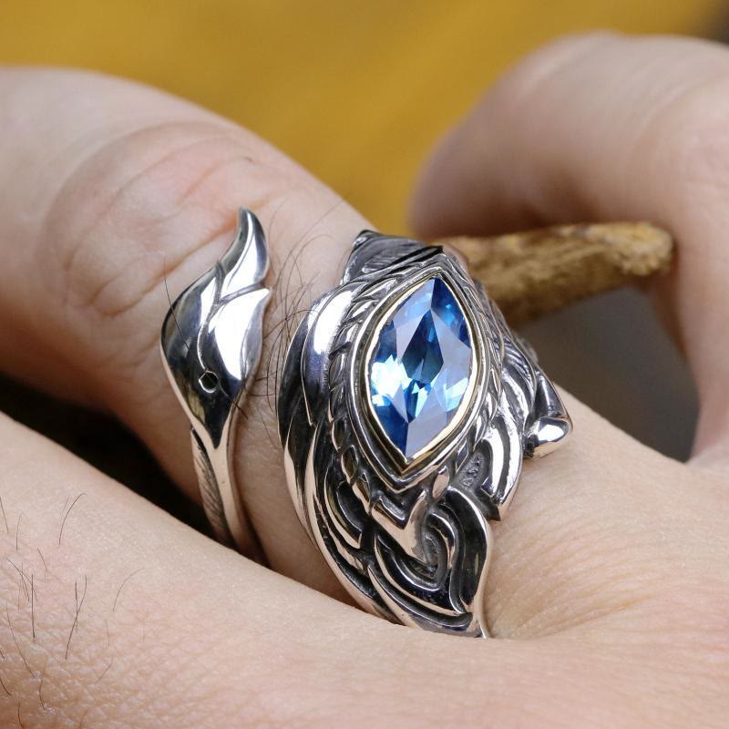 Mystic Foxfire Wing Blue Topaz Feather Ring