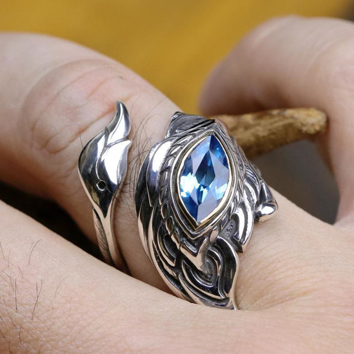 Mystic Foxfire Wing Blue Topaz Feather Ring