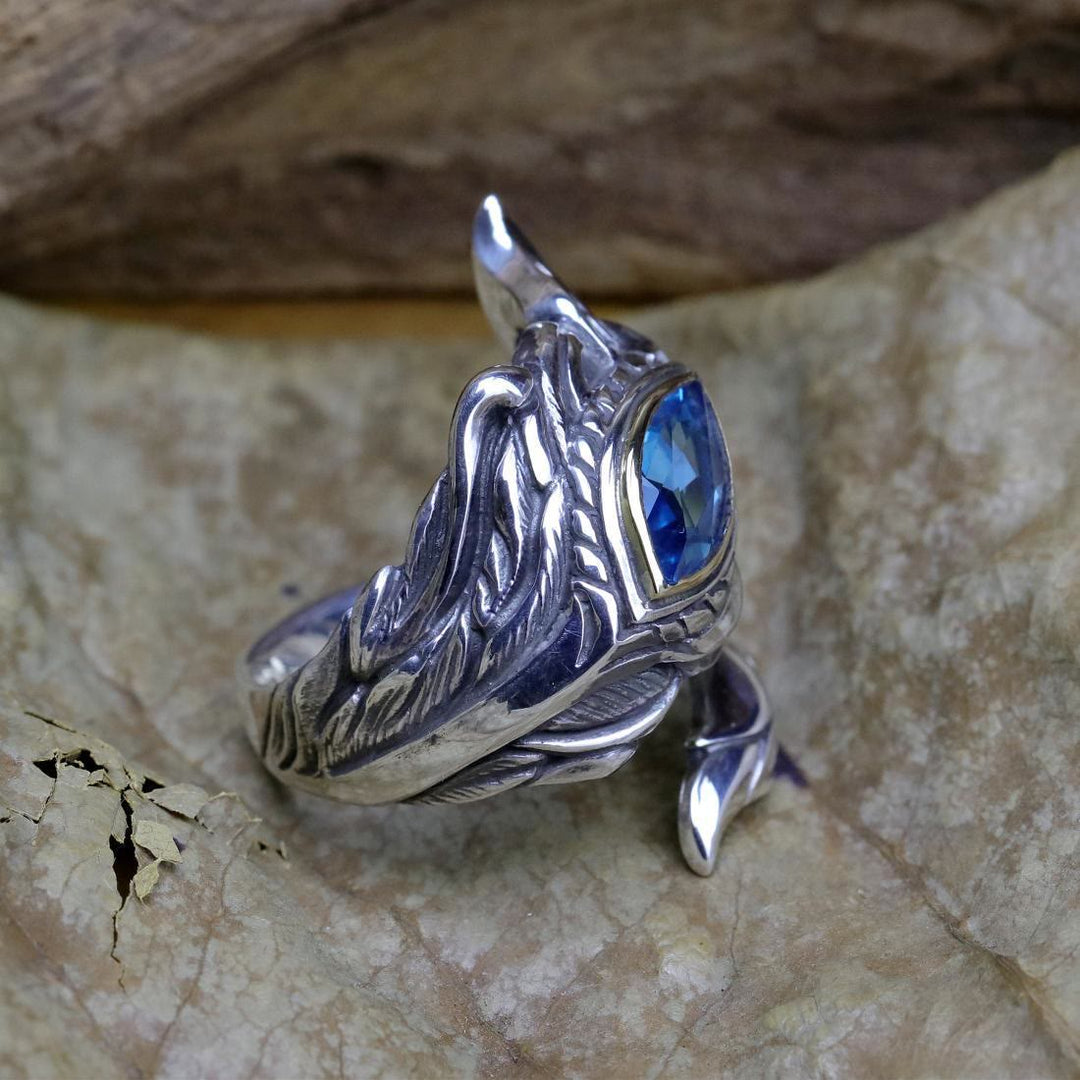 Mystic Foxfire Wing Blue Topaz Feather Ring
