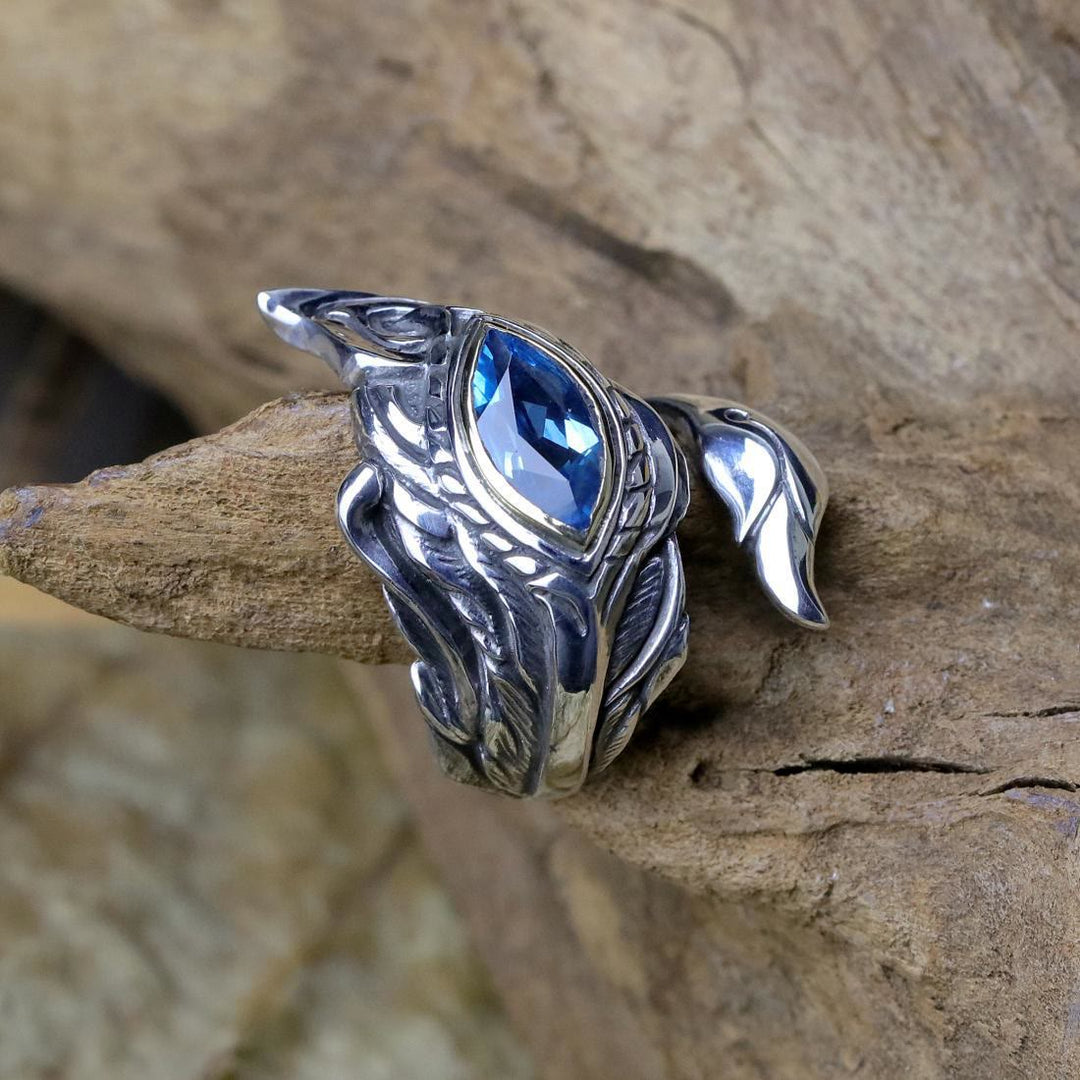 Mystic Foxfire Wing Blue Topaz Feather Ring