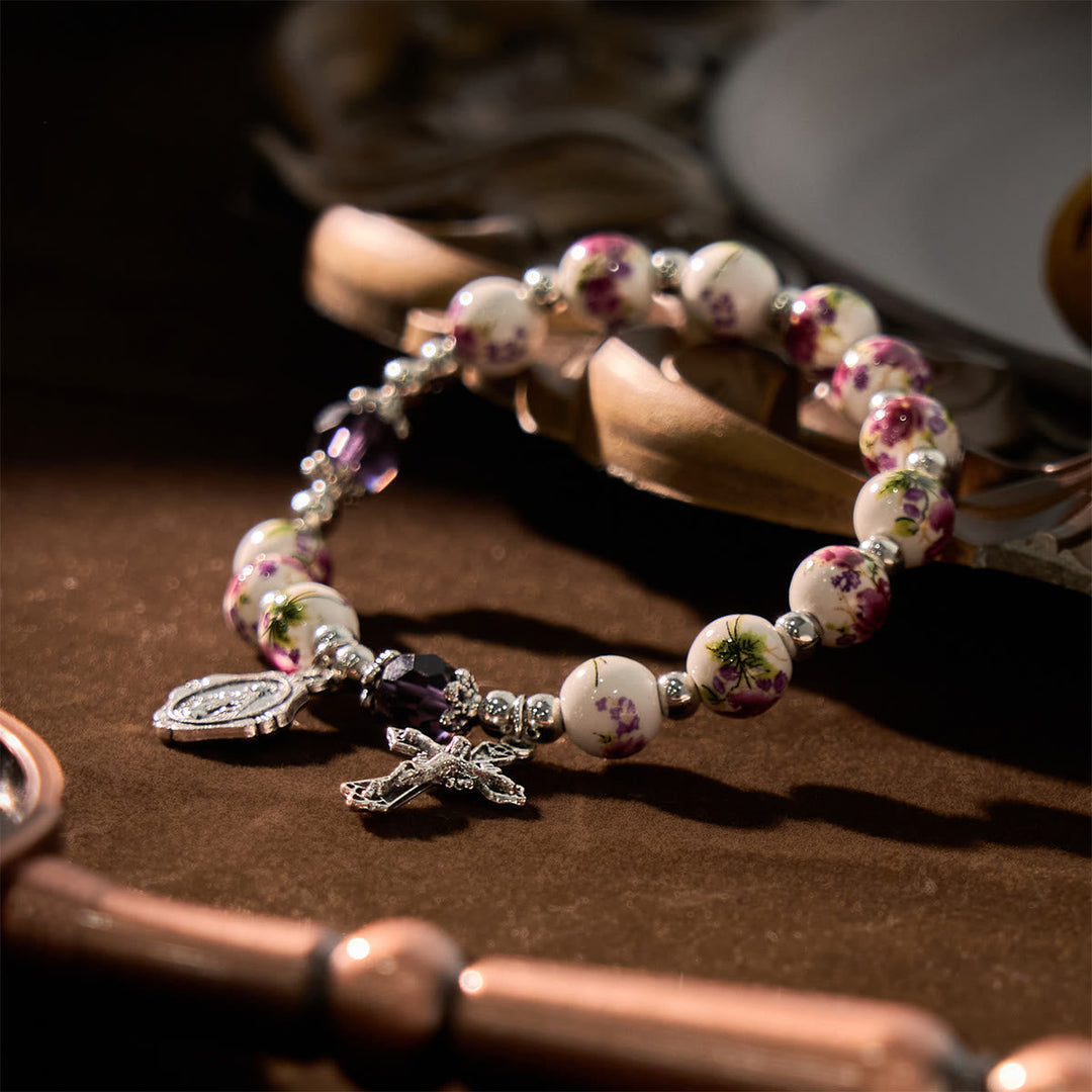 Christianartworkshop Multi-color Floral Ceramic Stretch Bracelet with Miraculous Medal & Crucifix: Subtle Faith Elegance