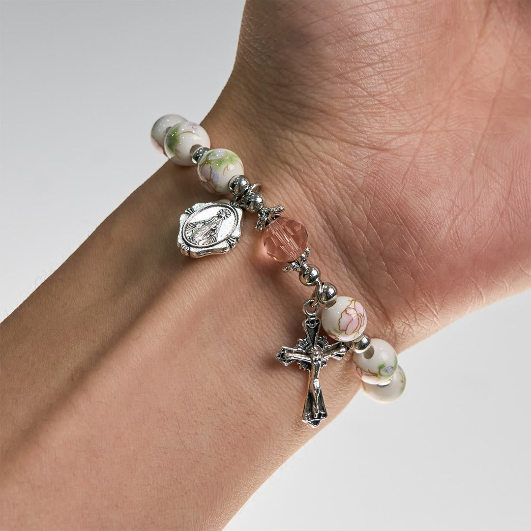 Christianartworkshop Multi-color Floral Ceramic Stretch Bracelet with Miraculous Medal & Crucifix: Subtle Faith Elegance
