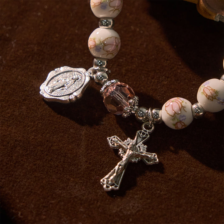Christianartworkshop Multi-color Floral Ceramic Stretch Bracelet with Miraculous Medal & Crucifix: Subtle Faith Elegance