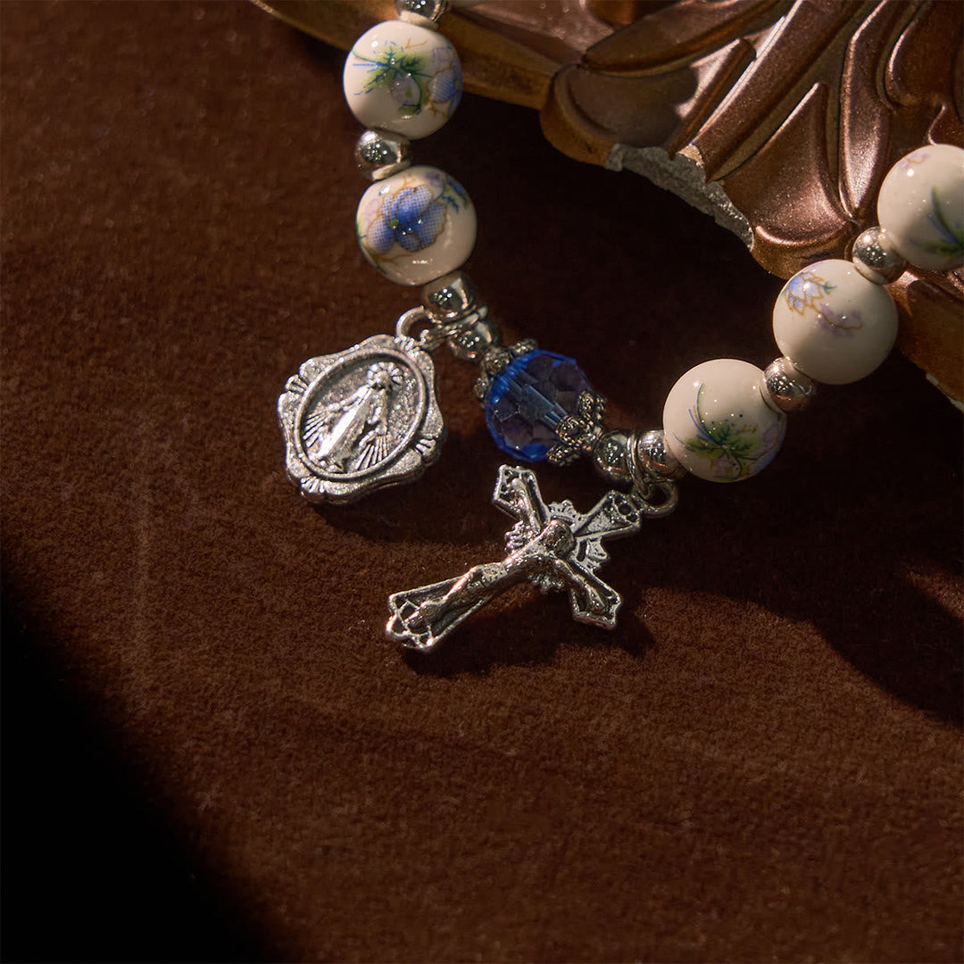Christianartworkshop Multi-color Floral Ceramic Stretch Bracelet with Miraculous Medal & Crucifix: Subtle Faith Elegance