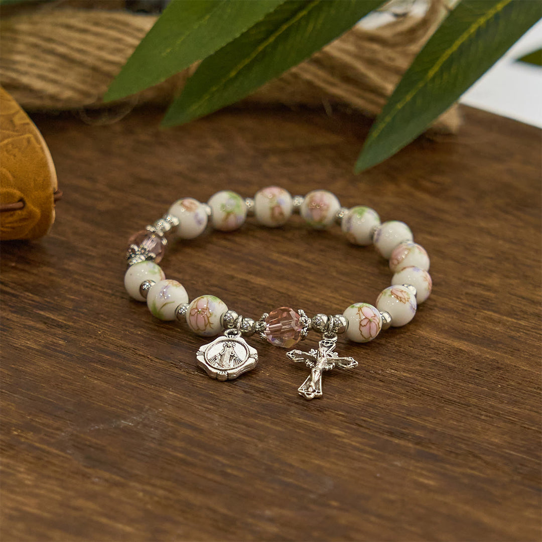 Christianartworkshop Multi-color Floral Ceramic Stretch Bracelet with Miraculous Medal & Crucifix: Subtle Faith Elegance