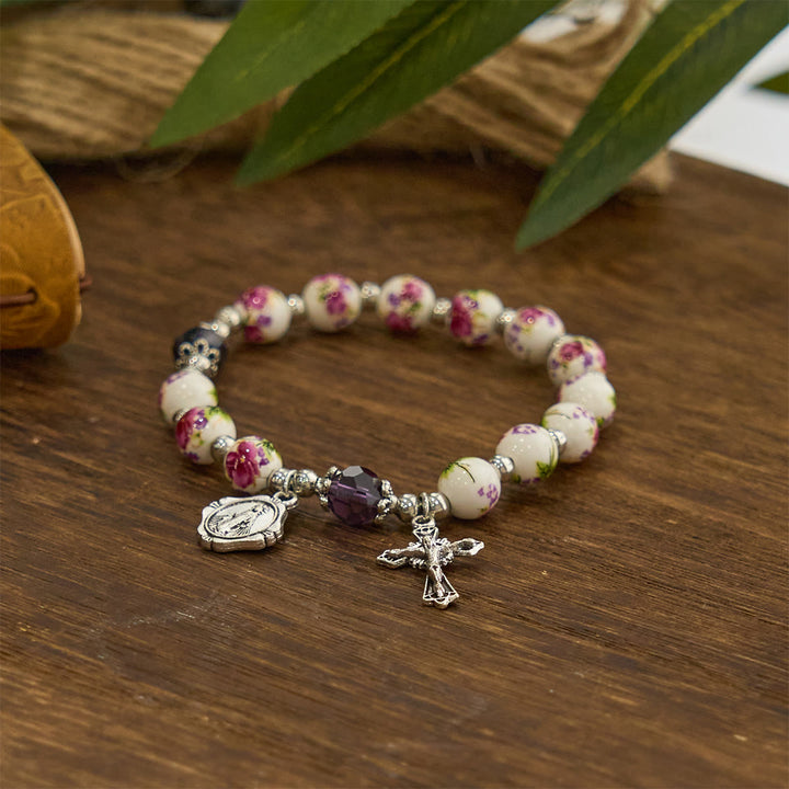 Christianartworkshop Multi-color Floral Ceramic Stretch Bracelet with Miraculous Medal & Crucifix: Subtle Faith Elegance