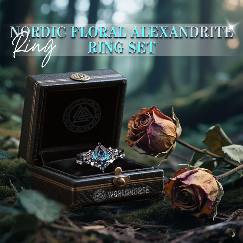 WorldNorse Nordic Floral Alexandrite Ring Set