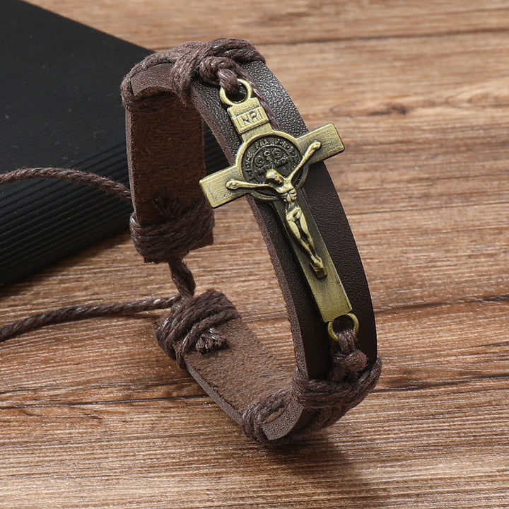 Christianartworkshop Classic Style Brown or Black Leather Adjustable Bracelet with Crucifix