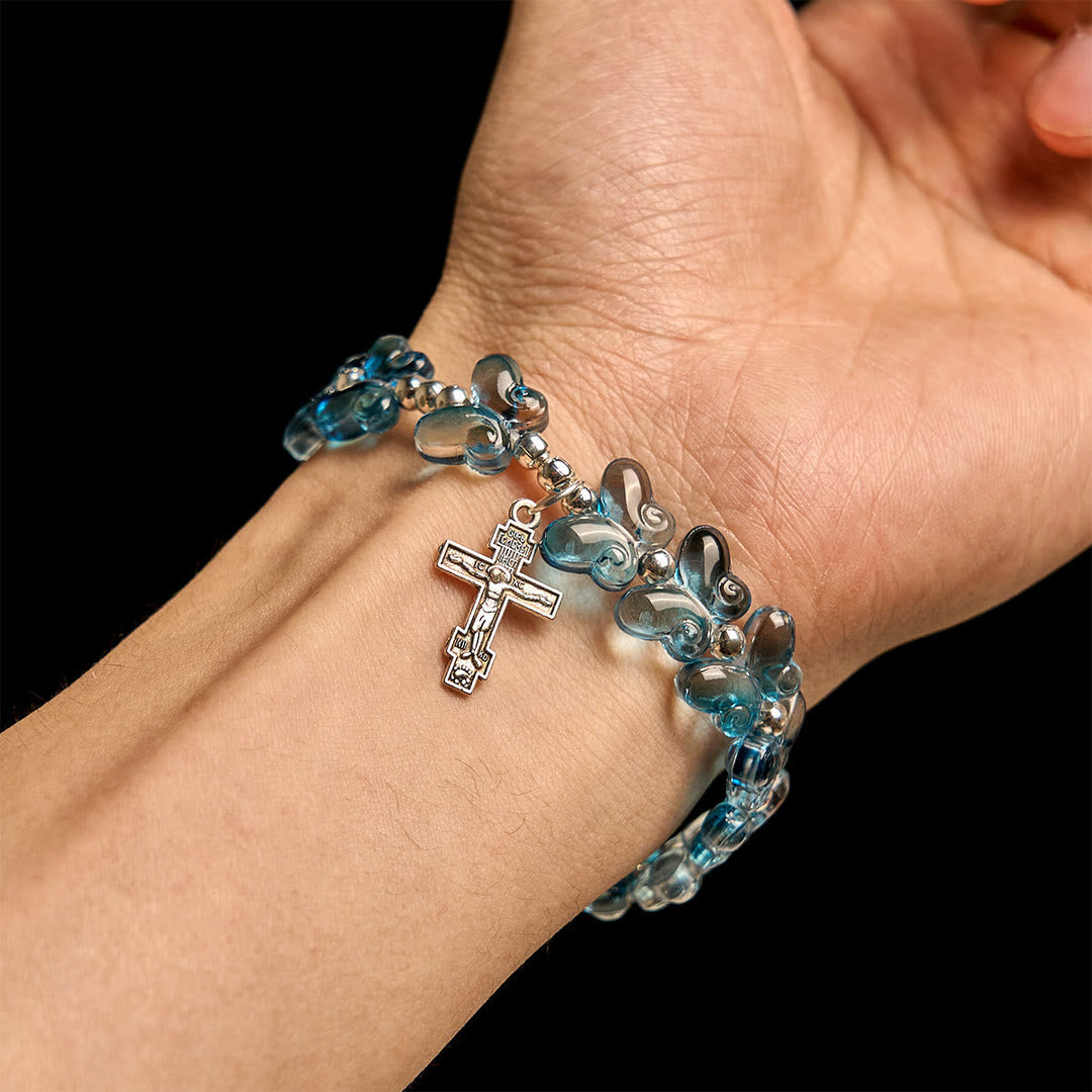 Christianartworkshop Wings of Devotion Shimmering Blue Butterfly Prayer Animal Bracelet