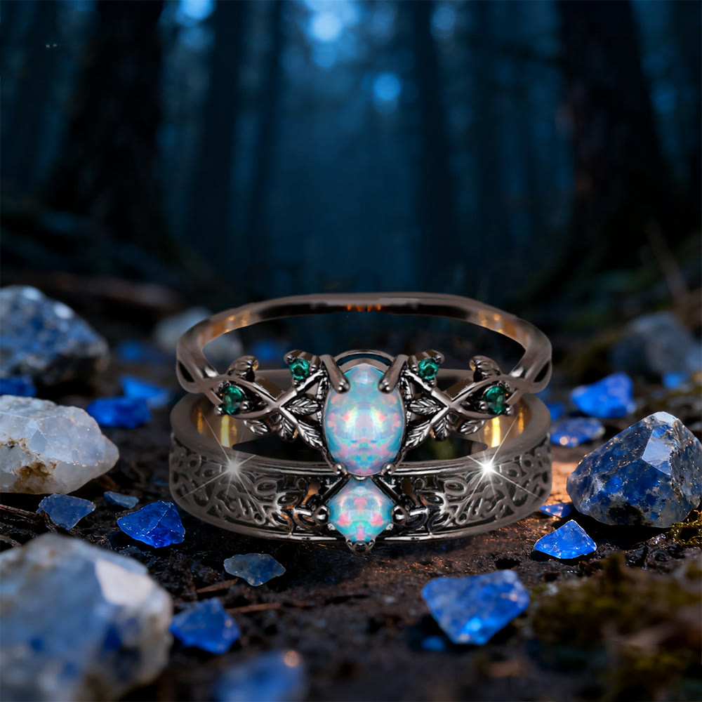 WorldNorse 2 Pcs Blue Sandstone Leaf Ring Set