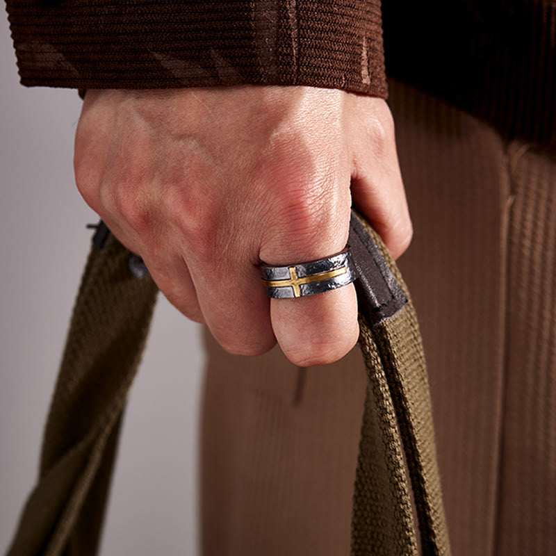 Handcrafted 999 Silver Dark Textured Forged Cross Ring
