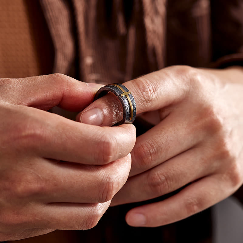 Handcrafted 999 Silver Dark Textured Forged Cross Ring