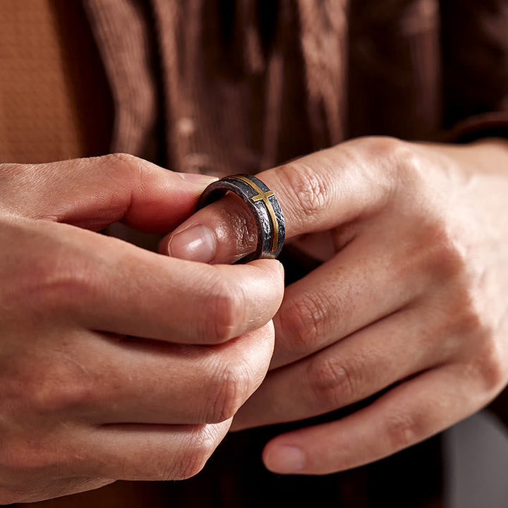 Handcrafted 999 Silver Dark Textured Forged Cross Ring