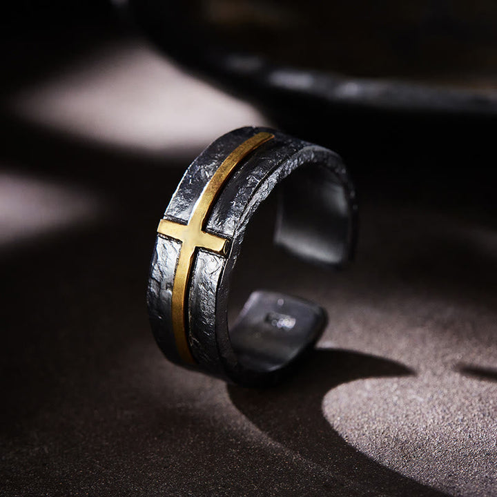 Handcrafted 999 Silver Dark Textured Forged Cross Ring