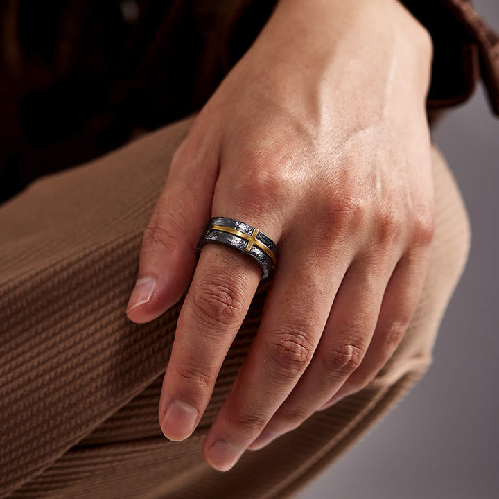 Handcrafted 999 Silver Dark Textured Forged Cross Ring