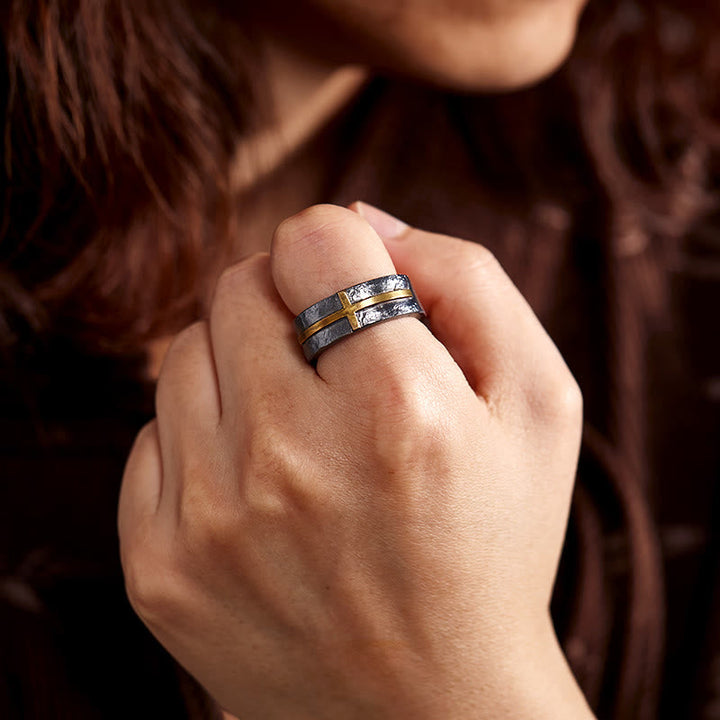 Handcrafted 999 Silver Dark Textured Forged Cross Ring