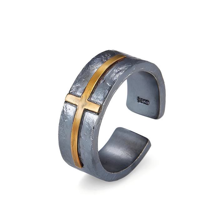 Handcrafted 999 Silver Dark Textured Forged Cross Ring