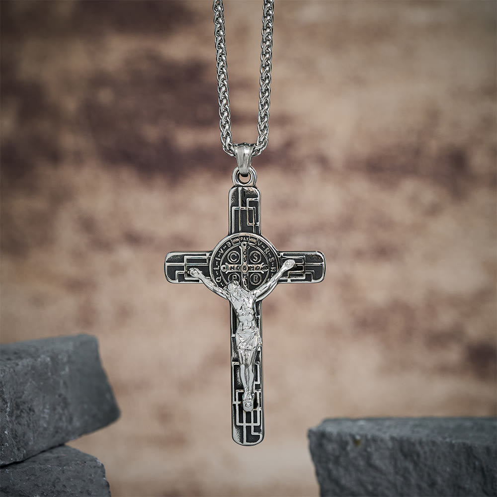Christianartworkshop Classic Retro Style Crucifix St. Benedict Medal Protection Pendant Necklace