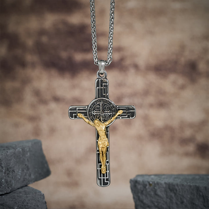 Christianartworkshop Classic Retro Style Crucifix St. Benedict Medal Protection Pendant Necklace