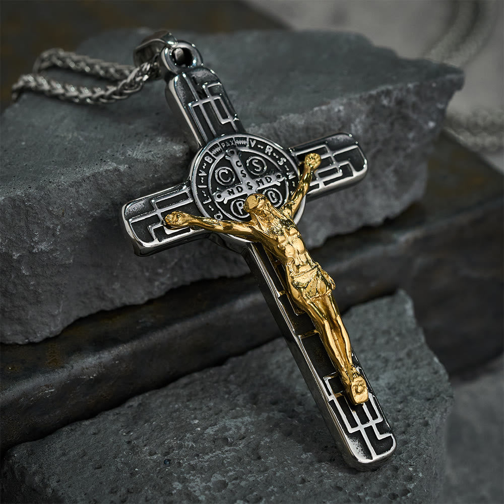 Christianartworkshop Classic Retro Style Crucifix St. Benedict Medal Protection Pendant Necklace